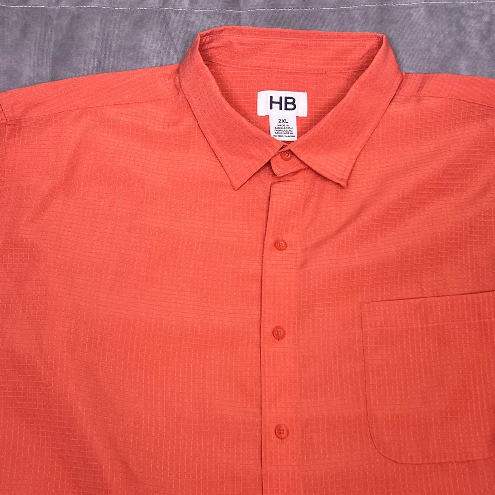 HB Button Down Shirt Mens 2XL Orange Excellent Short Sleeve Textured Grid Top
